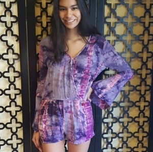 UMGEE‎ Tie Die PURPLE PINK LONG SLEEVE ROMPER SHORT ONE PIECE